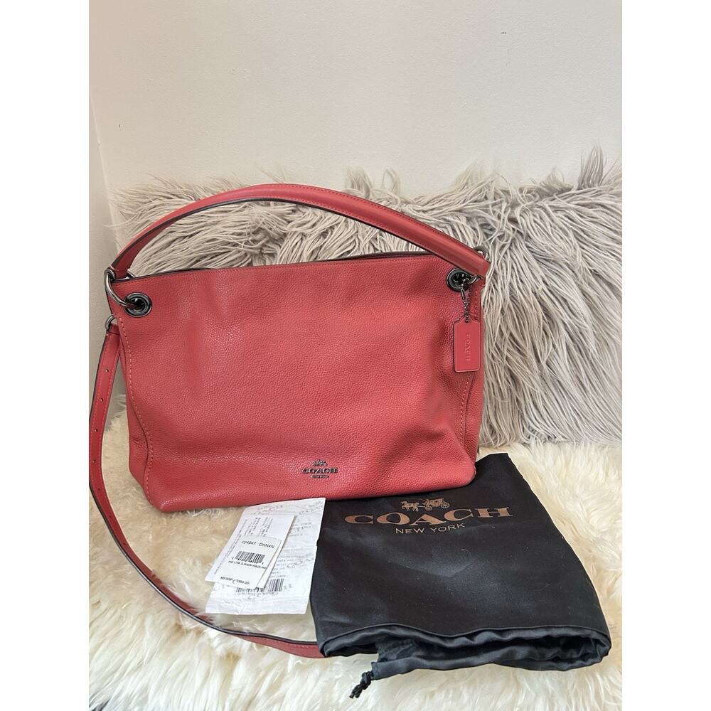 COACH Logo Hand Bag 2WAY Shoulder Bag Leather Coral 24947 Excellent Authentic